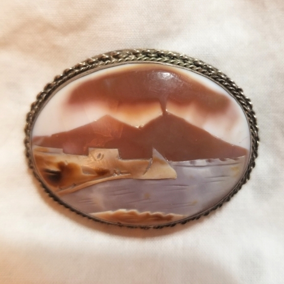 VTG SHELL CAMEO Mountains City Water Boat Scenery Pendant Brooch - Picture 7 of 7